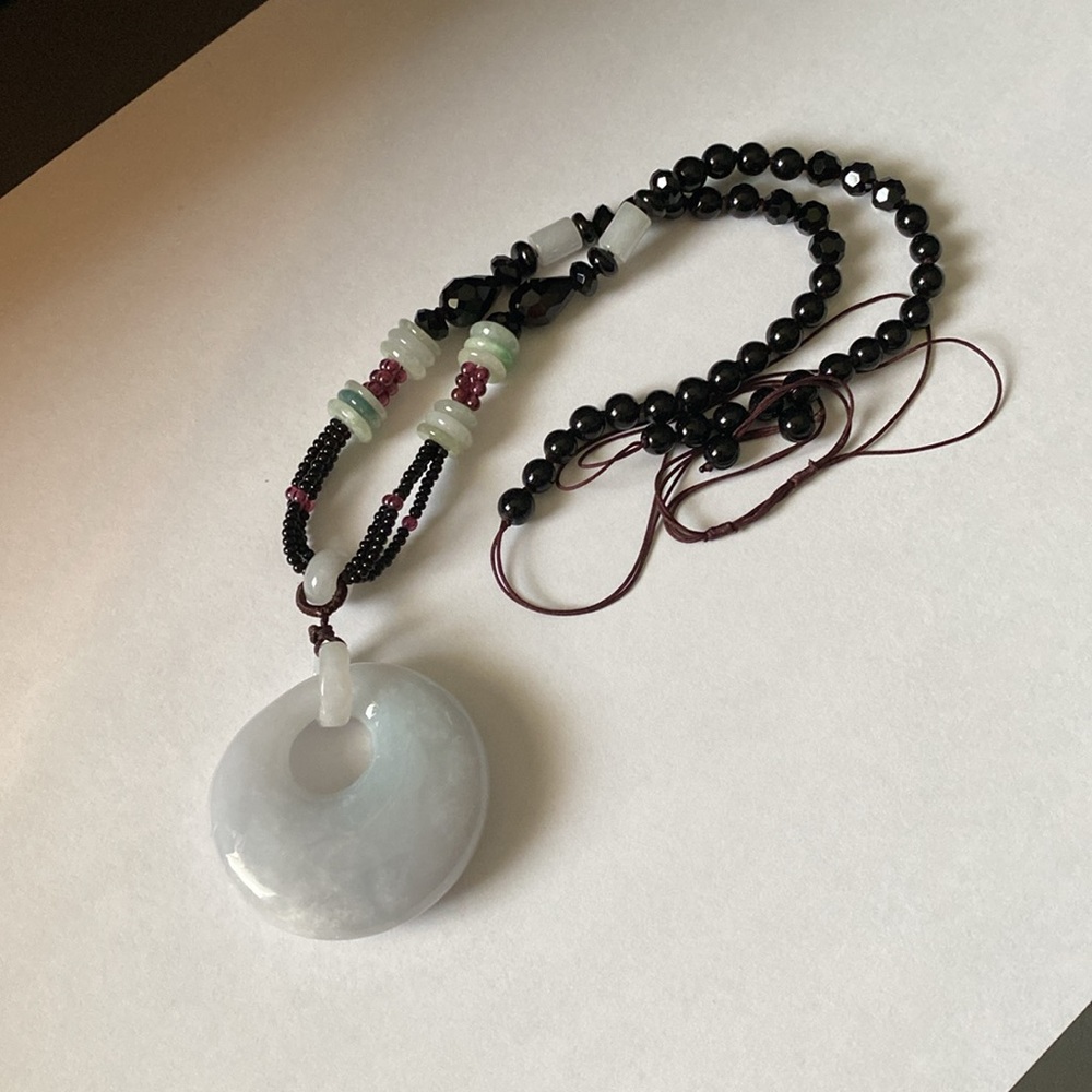 Stone Lavender Round Disk On a Silk Cord Necklace